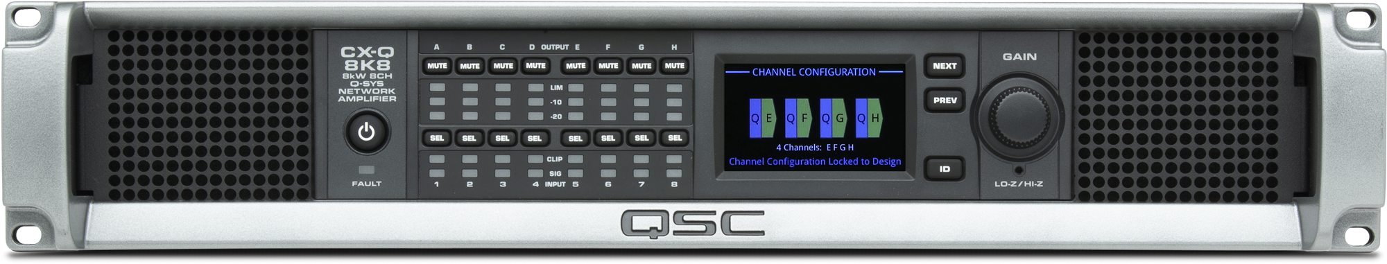 CX-Q 8K8 / 8-канальный усилитель 8 х 1000Вт Q-SYS, Lo-Z, 70В, 100В, FlexAmp™, входы Mic/line / QSC